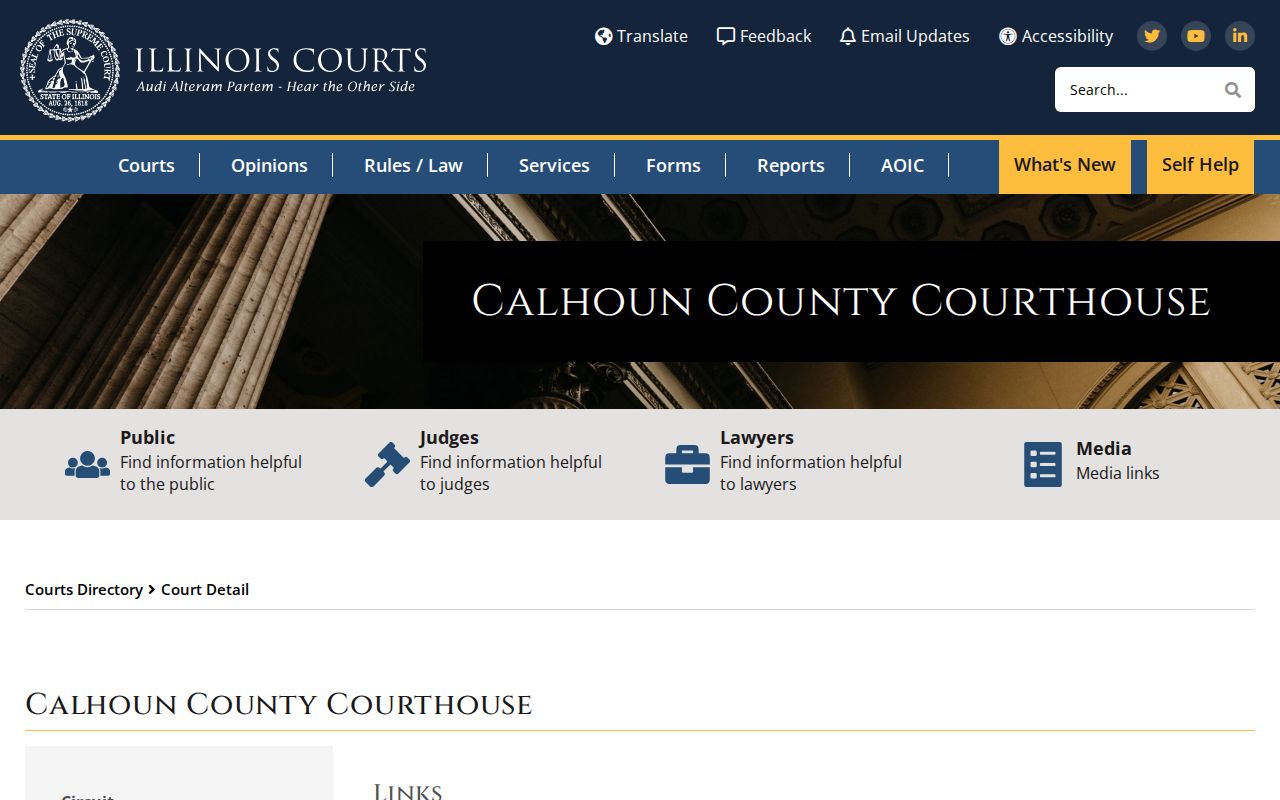 Illinois Courts directory page for Calhoun County Courthouse in Hardin